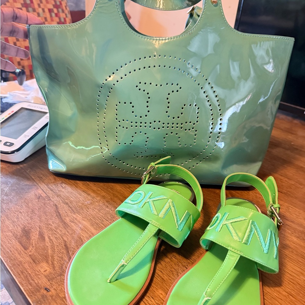 Tory Burch Green Tote Bag and dkny sandals not a perfect match sandals size 9